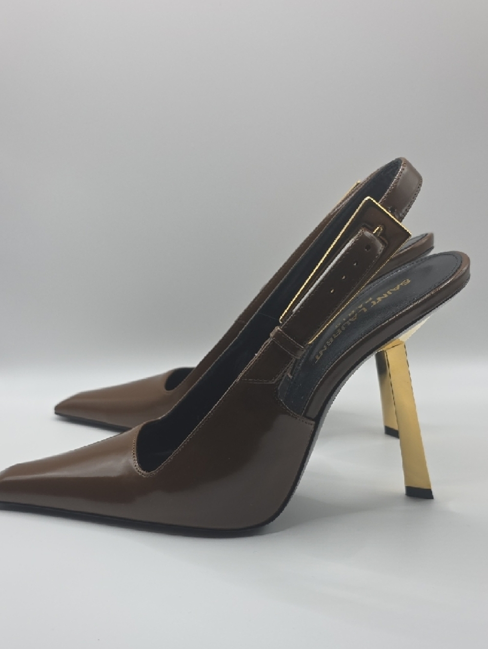 Saint Laurent Brown Patent Leather Slingback Heels with Gold Accent - Picture 2 of 16